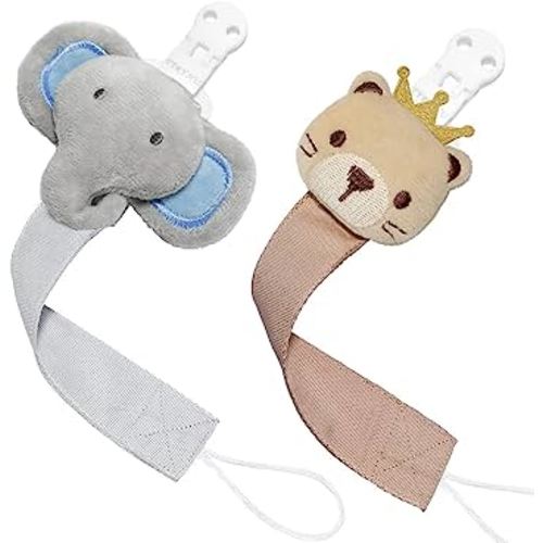 TYRY.HU Pacifier Clip for Baby, 2 Pack Neutral Pacifier Holder Clip for Girls Boys, Soft Webbing Soothie Binky Clips Fit All Pacifiers, Cute Baby Birthday Shower Gift (Elephant, Bear)