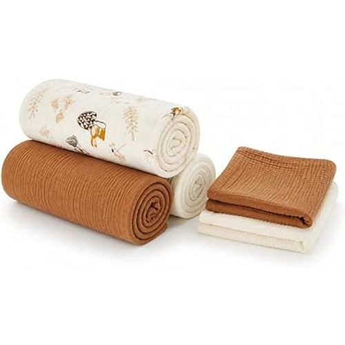 5 Pack Muslin Swaddle Blankets & Baby Burp Cloths, Soft & Breathable Cotton Baby Blankets, Receiving Blankets for Newborn, Nursery Infant Essentials, Swaddling Wrap for Unisex (Brown & Beige)