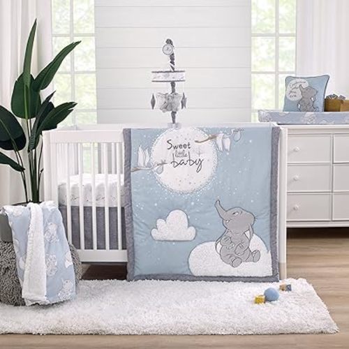 NoJo Disney Dumbo Sweet Little Baby Light Blue, Gray, and White Storks, Stars, Clouds and Moon 3 Piece Nursery Crib Bedding Set - Comforter, 100% Cotton Fitted Crib Sheet and Crib Skirt