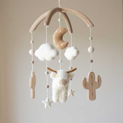 Boho longhorn cow & moon baby mobile with wooden cactus - Neutral and natural nursery decor - highland cow, farm, farmhouse, cottagecore