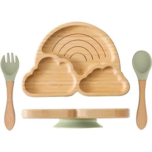 Bamboo Suction Plate for Baby Kid Toddler Plate Spoon Fork Set with Removable Silicone Suction All-Natural Baby Feeding Set for Baby-Led Weaning Fits Feeding High Chair Table