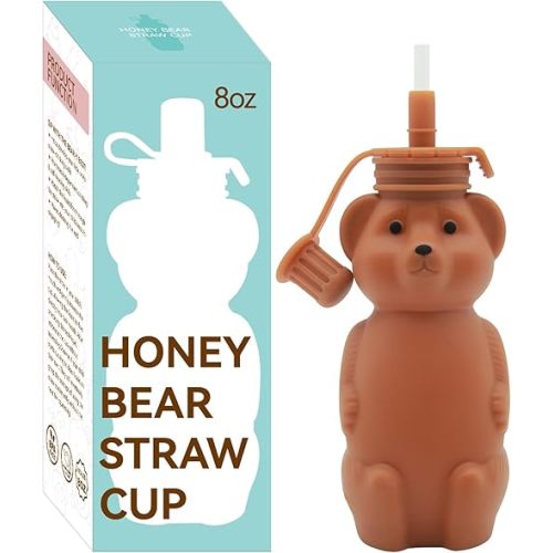 Honey Bear Straw Cup, Food Grade Silicone, Babies Water Drinking Cup, 8-Ounce Therapy Sippy Bottles for Speech and Feeding Training, BPA Free & Dishwasher Safe (BROWN)