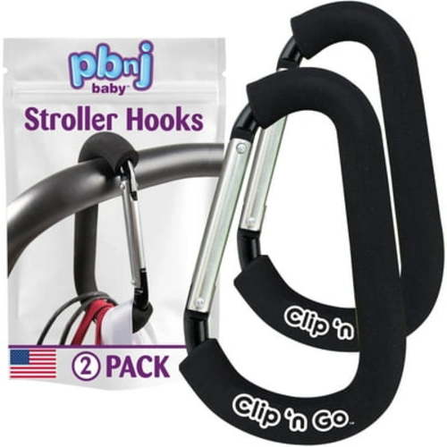 PBnJ baby Clip'n Go Stroller Hooks for Hanging Diaper Bags - Mommy Clip and Stroller Accessories Organizer Hook - Large Carabiner Clip for Mom Purse Shopping Grocery Bag and Accessory - (2 Pack)