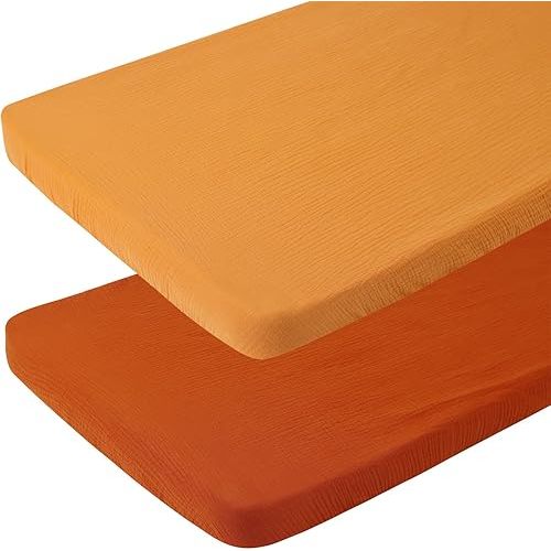 Muslin Pack and Play Sheets 30" x 43" Compatible with 4moms Breeze Plus Playard & Breeze Go Playard and Other Large Playpen Mattress, 100% Cotton 2 Pack, Yellow and Brick
