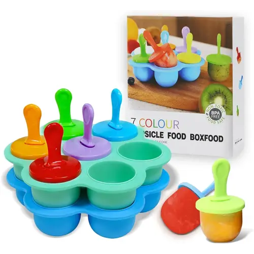 Silicone Popsicle Molds 14-cavity DIY 2Pcs Ice Pop Mold with Colorful Sticks For egg biting ice cream molds baby food storage containers non stick cake molds (Blue Mint Green)