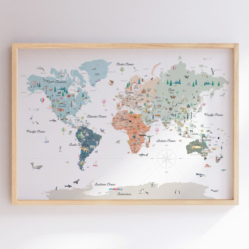 Framed Scandinavian Neutrals Educational World Map | Political World Map | World Map Print | Nursery World Map | Kids Travel World Map