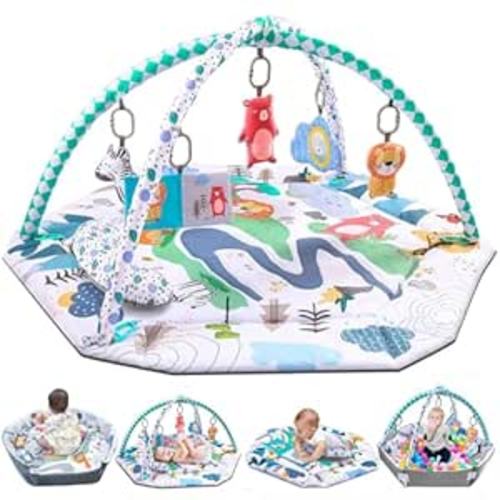 Bellababy Tummy Time Mat, 10-in-1 Baby Gym Activity Play Mat & Ball Pit, with High Contrast Toys & Self-Discovery Mirror & Tummy Time Pillow for Sensory and Motor Skill Development