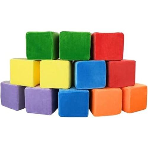 Wonder Space Plush Foam Blocks - Nursery Building & Stacking Toys for Toddlers Boys & Girls, Soft Smooth Velvet Cover, Early Education Gross Motor Skills & Brain Development (12 Cubes, Classic)