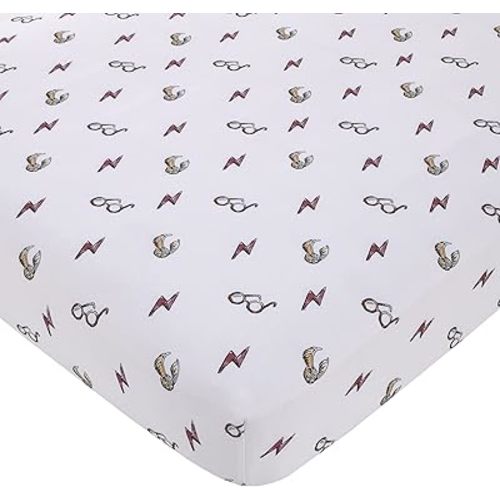 Warner Brothers Harry Potter White, Red, and Gold Lightning Bolt, Golden Snitch, and Glasses Nursery Fitted Crib Sheet