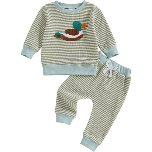 fhutpw Baby Toddler Boy Girl Fall Winter Clothes Embroidery Stripe Pullover Pants Sets Infant Long Sleeve Sweatshirt Outfits (Green Duck, 12-18 Months)