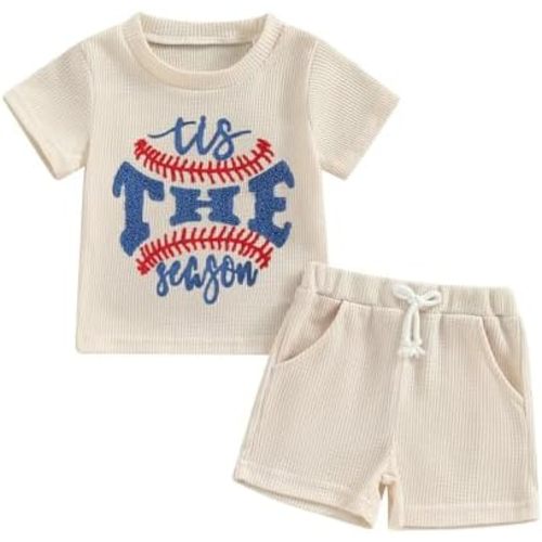 Baby Boy Baseball Outfit Letter Embroidered Short Sleeve T-Shirt Tops Shorts Set Waffle Knit Summer Clothes