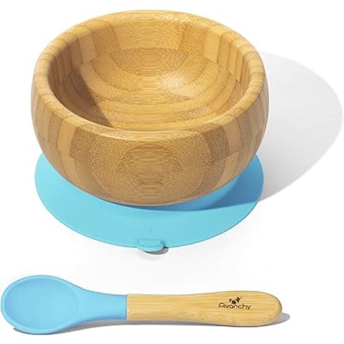 Avanchy Bamboo Baby Bowl with Spoon and Removable Silicone Suction Base – Non-Toxic, BPA-Free Feeding Bowl for Babies and Toddlers – Natural Bamboo Suction Bowl, Blue
