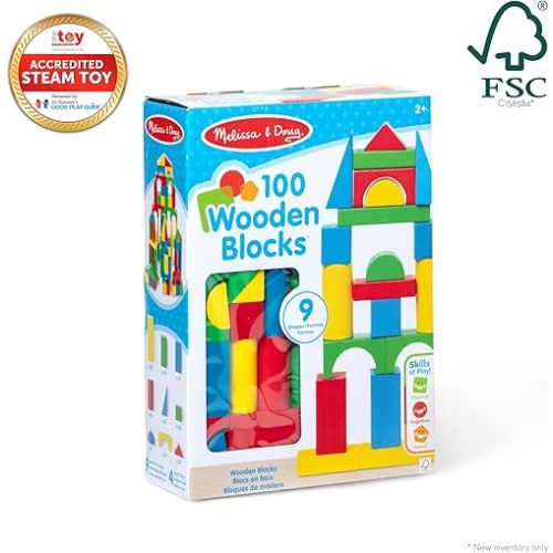 Melissa & Doug Wooden Building Blocks Set - 100 Blocks in 4 Colors and 9 Shapes - FSC Certified