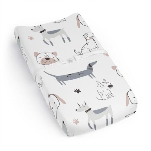 Sweet Jojo Designs Boy, Girl, Unisex/gender Neutral Changing Pad Sheet Cartoon Puppy Grey Taupe And Blue