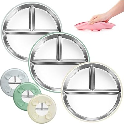 Bella's Friends Stainless Steel Toddler Plates Silicone Suction,3 Packs Non-Slip Kids Plates,Divided Portion,Food-Grade Silicone Plate for Baby,LEAD-FREE Dishwasher Safe,Grey White Green