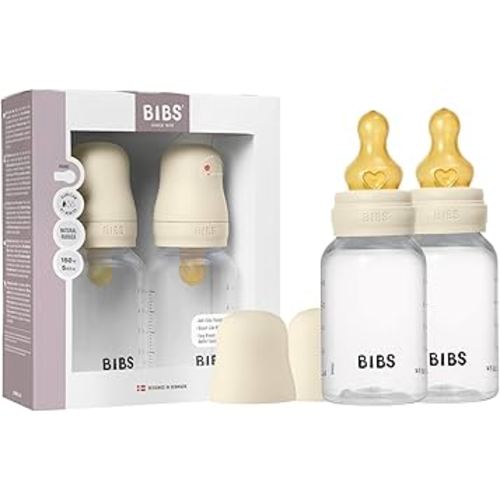BIBS Baby Bottle 5 oz / 150 ml Natural Rubber Latex Nipple 2 Pack - Anti-Colic, BPA-Free, Round Nipple, Slow Flow, Lightweight & Easy to Clean, Suitable for Newborns 0+ Years - Ivory