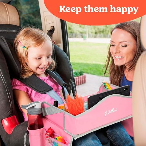 PILLANI Kids Travel Tray for Car - Car Seat Tray for Kids Travel, Road Trip Essentials Must Haves - Carseat Table Roadtrip Activities - Toddler Lap Desk Organizer for Airplane - Kids Travel Essentials