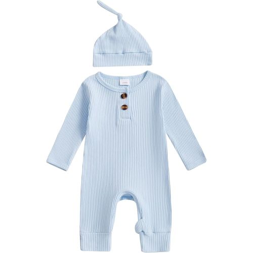 Newborn Baby Boy Girl Clothes Infant Ribbed Romper Solid Long Sleeve Knit Bodysuit Jumpsuit Hat Coming Home Outfit