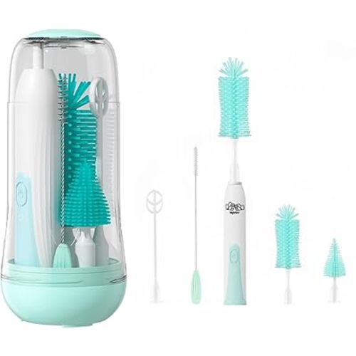 Travel Electric Baby Bottle Brush Set with Electric Bottle Cleaner and Water Bottle Brush and Nipple/Straw Brush,Milk Frother and Drying Rack(Green)