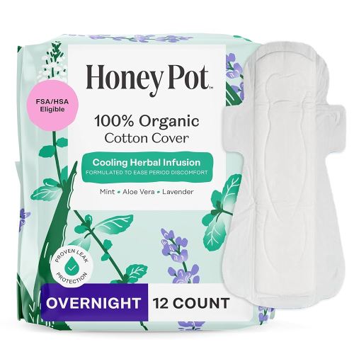 The Honey Pot Company - Herbal Pads for Women - Overnight w/Wings - Infused w/Essential Oils for Cooling Effect & Organic Cotton Cover - Feminine Care - FSA & HSA Eligible - 12 ct