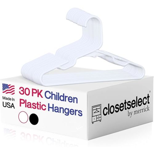 Childrens Hangers 30 Pack - 11.75 Inch Plastic Kids Hangers for Closet, Baby Hangers for Children Clothes Sizes 0 to 8, Non-Slip Infant Hangers with Shoulder Grooves, Made in USA | White