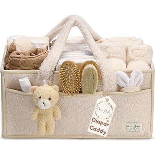 PeraBella Baby Diaper Caddy Organizer for Changing Table, Baby Storage Basket for Diapers and Baby Wipes, Gift for Baby Shower, Car Caddy Organizer, Nursery Diaper Organizer, Portable Diaper Storage - Extra Large - Ivory