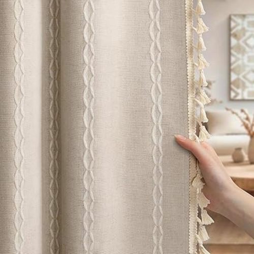 XOGUIBO Beige with Blush Boho Blackout Curtains 2 Panels 84 Inch for Living Room Bedroom, Linen Texture Farmhouse Curtains with Tassels and White Cotton Embroidery Vintage Rustic Country Western