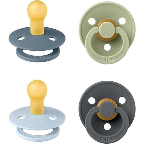 BIBS Colour Soother 4-Pack, BPA Free Dummy Pacifier, Round Nipple. Natural Rubber Latex, Made in Denmark, Size 1 (0-6 Months), Baby Blue Mix