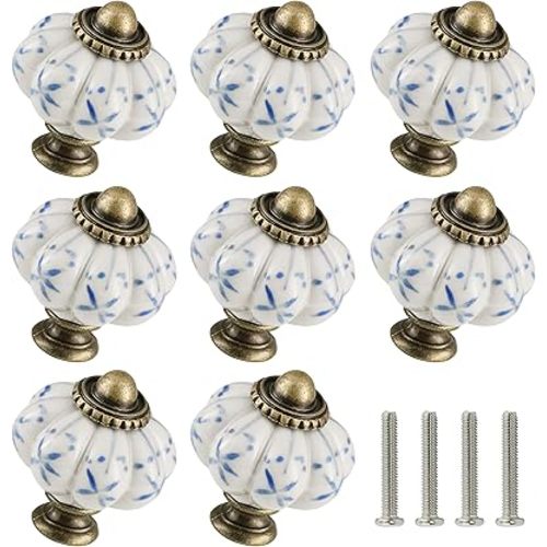 Ivory & Blue Ceramic Knobs 12 Pack - Pumpkin Cabinet Knobs Retro Dresser Knobs - Vintage Drawer Pulls with Screws for Closet Drawer Cupboard Cabinet and DIY Home Project