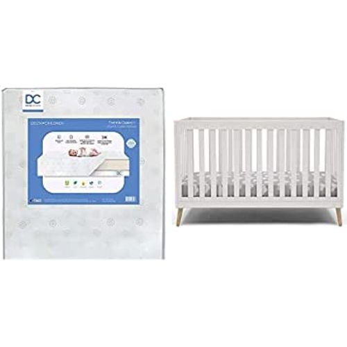 Delta Children Essex 4-in-1 Convertible Baby Crib, Bianca White with Natural Legs + Delta Children Twinkle Galaxy Dual Sided Recycled Fiber Core Crib and Toddler Mattress (Bundle)