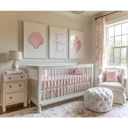 Custom Pink Seashells Wall Art Set of 3 Prints Personalized Name Sign Sea Shells Girl Room Nursery Decor Watercolor Girly Coastal Print