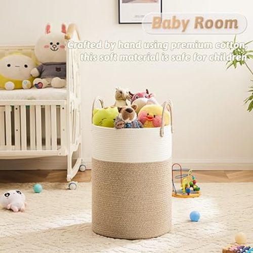 Laundry Basket,Woven Cotton Rope Laundry Hamper,60L for Decor Storage of Dirty Clothes,Toys and Blankets in Bathroom,Baby Room and Living Room