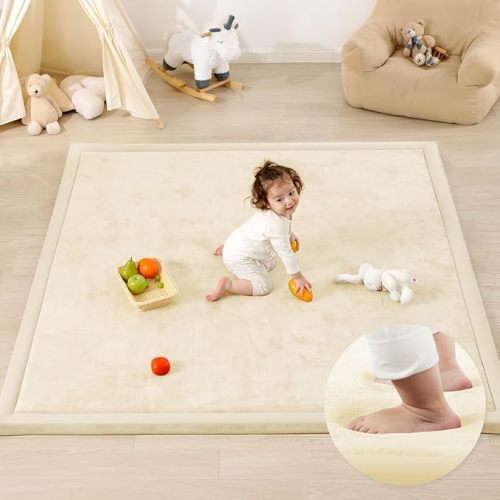 Ultra Soft Baby Play Mat,1.3" Thick Elasti-Foam 59"×71" Playpen Mat for Infants,Toddlers,Kids,Water-Repellent Coral Fleece Nursery Rug,Non-Slip Safe for Tummy Time&Crawling(Ivory)