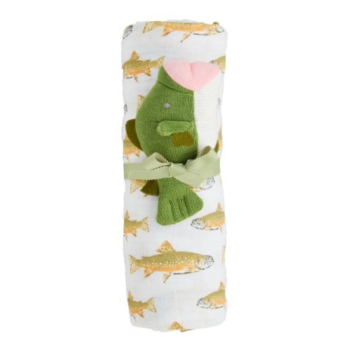 Fish-Themed Swaddle and Rattle Set for Newborns | Mud Pie