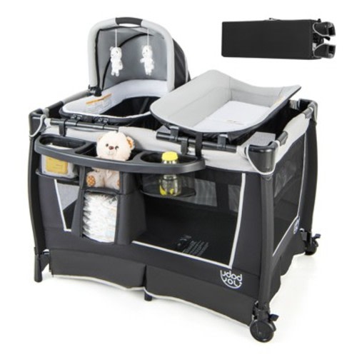 Costway 4-in-1 Convertible Portable Baby Playard Newborn Napper w/ Toys & Music, Color: Gray