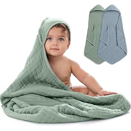 Comfy Cubs Hooded Baby Towel 2-Pack, Large 32 x 32 Inch - 6 Layer 100% Muslin Cotton for Babies, Toddlers, Kids - Soft & Absorbent Baby Bath Towels - Unisex Design for Bath Time, Pacific Blue and Fern