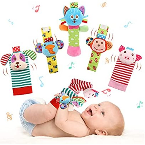 BLOOBLOOMAX Wrist Rattles Foot Finder Rattle Sock Baby Toy, Rattle Toy, Arm Hand Bracelet Rattle, Feet Leg Ankle Socks, Activity Rattle Present Gift for Newborn Infant Babies Boy Girl Bebe (5 pcs-H)
