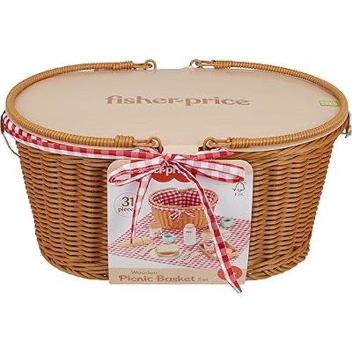 Fisher-Price Wood Pretend Play Toy Picnic Basket, 31-Piece Wooden Food Playset for Preschool Kids Ages 3+ Years