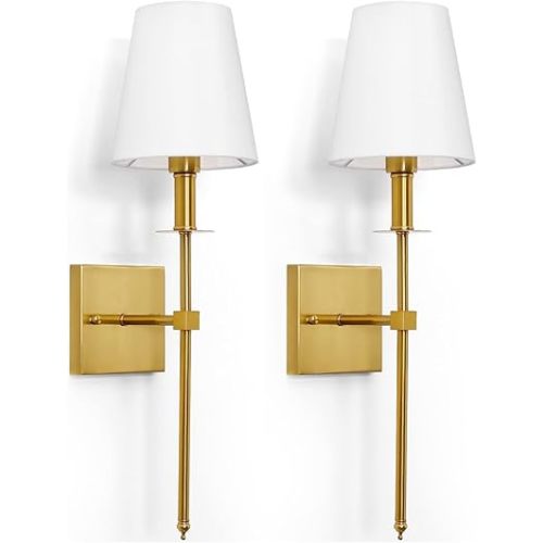 KARTOOSH Wall Sconces Set of 2, Hardwired Gold Sconces Wall Lighting, Dimmable Indoor Metal Slim Light Sconces with Fabric Shades for Wall Decor, Bedroom, Living Room - E12 Bulbs (Not Included)