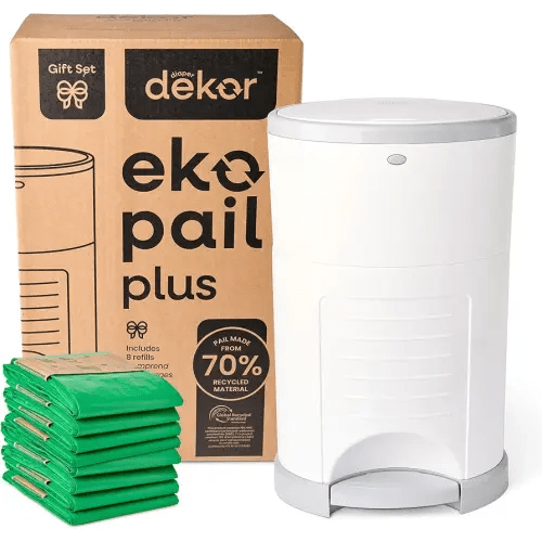 Diaper Dekor EKO Plus Diaper Pail Gift Set, White | ONLY Eco-Friendly Diaper Pail Made with 70% Recycled Materials | Comes with up to a Year's Supply Worth of Diaper Dekor Refills!