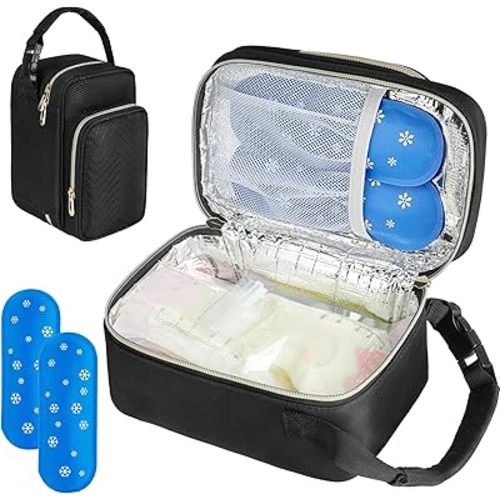 Breastmilk Cooler Travel bag with Ice Pack,Portable Breastmilk Cooler Bag with Buckle Handle,Insulated Breastmilk Storage Bag Cooler,Black
