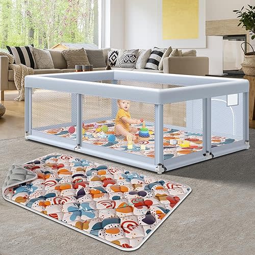 65" ×50" Large Baby Playpen with Mat, Baby Playard for Babies and Toddlers, Baby Fence Play Pens for Indoor & Outdoor, Sturdy Safety Play Yard with Soft Breathable Mesh, Anti-Fall, Grey