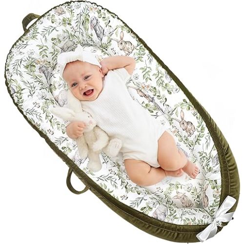 Baby Lounger, Ultra Breathable Soft Cotton Perfect for Tummy Time, Portable & Adjustable Infant Floor Seat for Traveling | Newborn Shower Gift- Rabbit