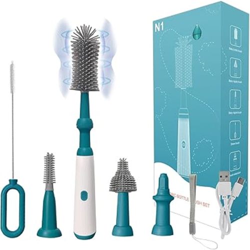 Electric Bottle Brush Set with Electric Bottle Brush Cleaner, 3 Replaceable Baby Bottle Brushes and Extension Handle. Silicone Bottle Brush, Waterproof, Perfect Baby Essentials(Dark Green)