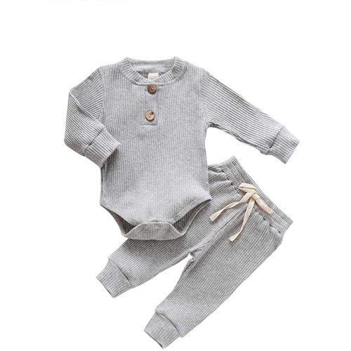 Newborn Baby Boy Girl Clothes Ribbed Knitted Cotton Long Sleeve Romper Long Pants Solid Color Fall Winter Outfits