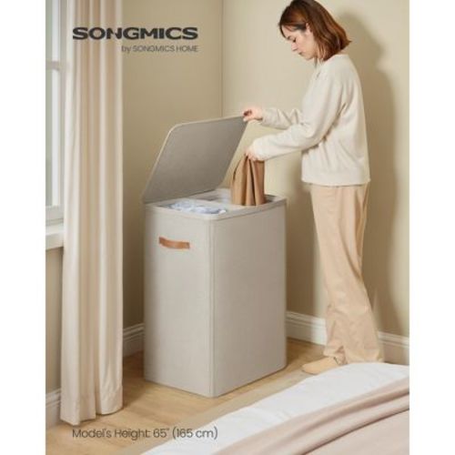 44.9 Gal Large Laundry Hamper with Lid, 2 Compartment Dirty Clothes Basket, Removable Inner Bags & Handles, 22x15.7x29.5 Inches, Cappuccino Beige