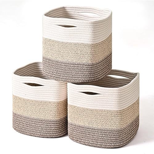11 Inch Cube Storage Bins, Organizing Bins for Cube Organizer, Storage Baskets for Organizing, Woven Storage Basket for Shelves, Cotton Rope Baskets for Storage, Gradient Brown (Pack of 3)