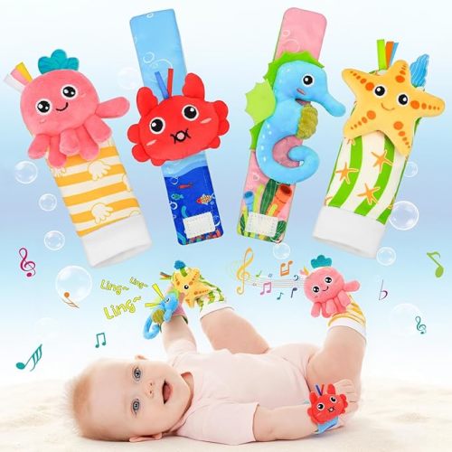 Baby Wrist Rattle Foot Finder Socks Set, CPC Safe Sensory Plush Toys for 0-12 Months Newborn Boys Girls, Ocean Rattles Baby Shower Registry Gift for Expecting Moms Essentials