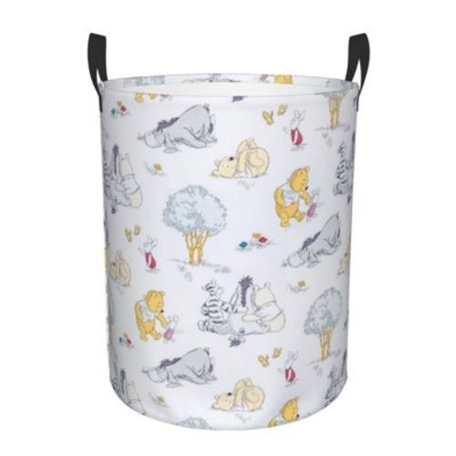 Classic Winnie The Pooh Nursery Storage Basket, Large Barrel Shaped Laundry Hamper With Waterproof PE Coating, Foldable, Bathroom and Bedroom Set, Clothes,Toys Bin-Small