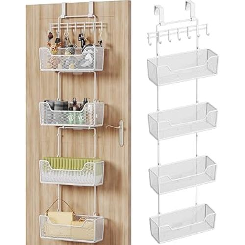 HapiRm Over Door Organizer Storage - Hanging Door Organizer with 4 Metal Large Capacity Baskets and Adjustable Coat Hook, Behind Door Storage for Bathroom Bedroom Kitchen Pantry Closet Cabinet